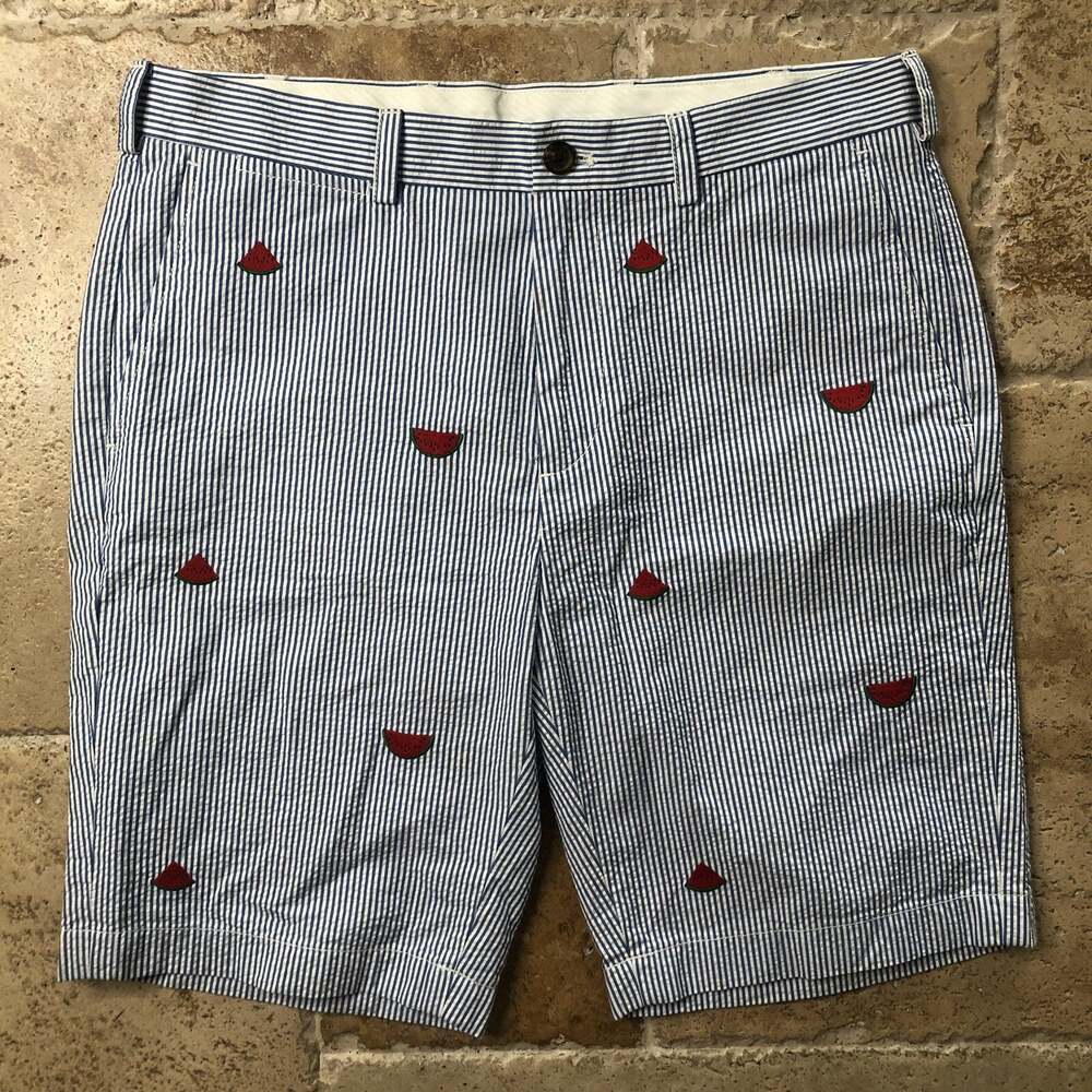 Brooks Brothers Embroidered Mens 34 Seersucker Bermuda Shorts Watermelon Resort